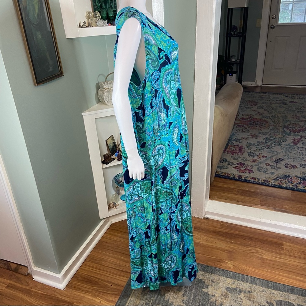 NWT New Roaman's Paisley Maxi Dress Gauze Crinkle Volup 2X Blue Green 26/28 - Picture 6 of 10